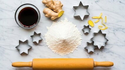 Overhead View of Gingerbread Cookie Baking Ingredients and Star-Shaped Cookie Cutters.