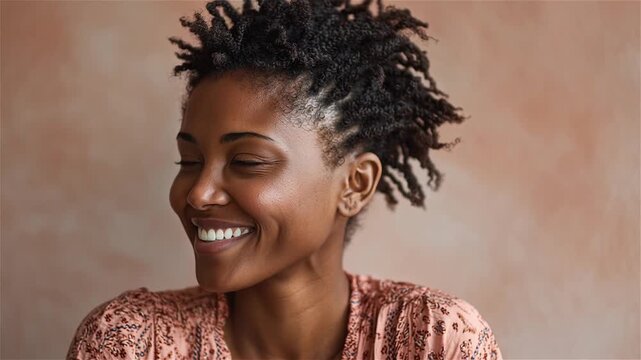 Closeup portrait of a smiling black woman with dreadlocks against a beige wall