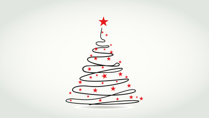 Minimalist Christmas Tree Line Art with Red Star and Ornaments Holiday Card Concept