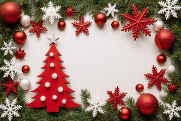 Red wooden Christmas tree decoration with blank space for text  