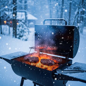 Barbecuing Steaks on a Grill Outdoors in a Snowy Winter Wonderland Scene