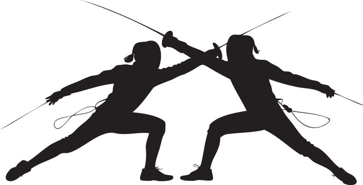 Two fencers in a silhouette duel position with swords crossed, ideal for martial arts or competition visuals.