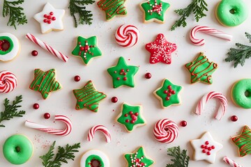 christmas gingerbread cookies Merry Christmas and Happy Holidays greeting card, frame, banner. New Year. Noel. Red and white Christmas decorations and g top view. Winter xmas holiday celebration