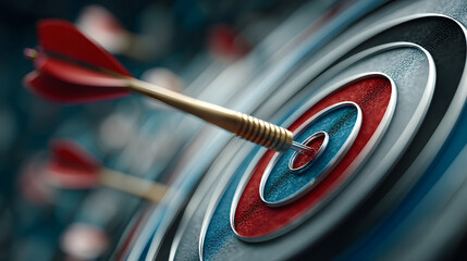 Arrow hits the target Target shooting concept, target setting, reaching target. Digital illustration.