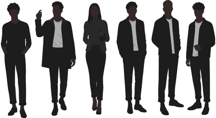 Black human silhouettes of men and women in modern casual business clothing standing in diverse poses, fashion, lifestyle, identity, abstract illustration