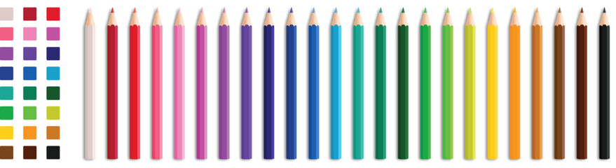 Flat design colorful array of colored pencils arranged horizontally showing vibrant pink red blue green orange yellow brown shades in vector style illustration