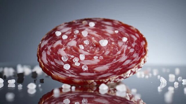 Gourmet cured meat slice with white sea salt crystals on reflective surface food still life