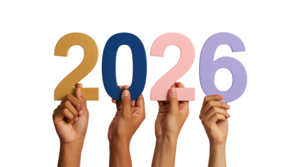 Diverse hands holding 2026 number signs, celebrating future success