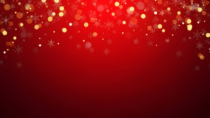 Red background with falling golden bokeh lights and snowflakes Keywords: Christmas, holiday, festive, background, red, bokeh, lights, golden, snowflakes, falling
