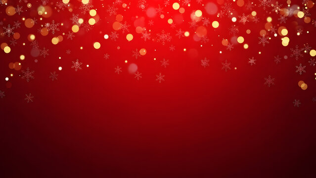 Red background with falling golden bokeh lights and snowflakes Keywords: Christmas, holiday, festive, background, red, bokeh, lights, golden, snowflakes, falling