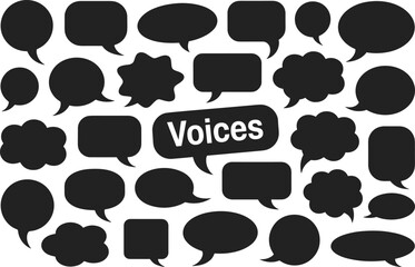 Black speech bubble silhouettes, comic dialogue balloons, thought cloud icons, vector set for chat, communication, design, messages, media, voice