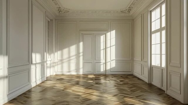 An empty sunlit room with white ornate wall paneling intricate crown molding and a distorted herringbone-patterned wooden floor