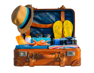 Open Vintage Suitcase Packed with Beach Vacation Essentials on Black Background luggage travel