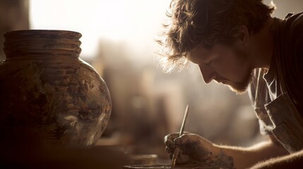 Focused artisan painting intricate details on pottery in warm sunlight