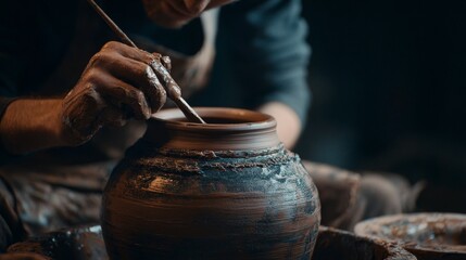 Craftsman shaping clay pot with tools in studio for pottery artistry