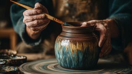 Artisan crafting unique pottery vase with brush on spinning pottery wheel