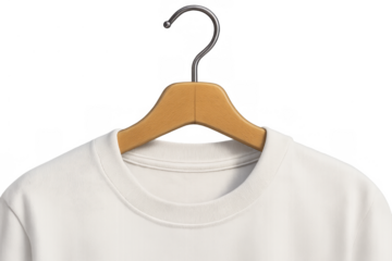 White crew neck t-shirt on wooden hanger presenting blank garment for retail design and apparel branding mockup with transparent background