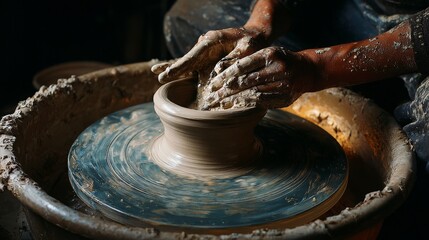 Hands shaping clay on a pottery wheel creating art with earthy tones