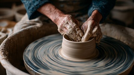 Potter shaping clay with skilled hands on a spinning wheel with focus