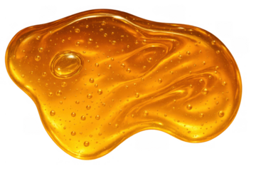Golden viscous liquid splash creating a shiny abstract pattern with air bubbles on transparent background