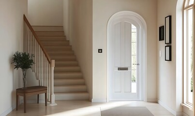 Bright hallway area with white door and arched design in contemporary setting