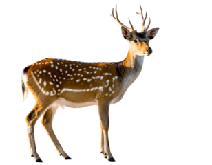 Spotted Deer with Antlers Standing on Black Background Keywords: deer, spotted deer, sika deer, animal, wildlife, male, stag