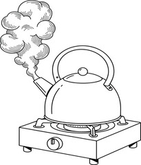 Boiling kettle on gas stove, steam rising, kitchen heat, cooking concept, home appliance, energy transfer, physics, thermodynamics, boiling water