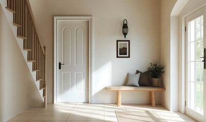 Hallway interior of modern house with door staircase and bench seat decor