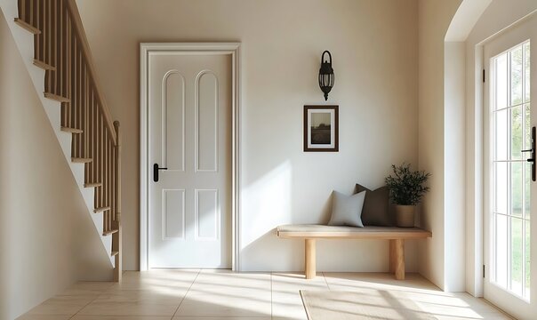 Hallway interior of modern house with door staircase and bench seat decor