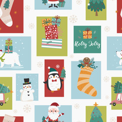 Vector Christmas seamless pattern with Christmas tree, Santa, car, penguin, snowman, bear and gifts.