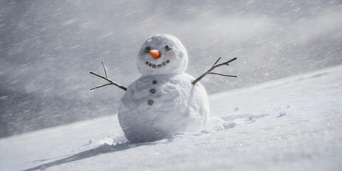 Classic snowman with a carrot nose and stick arms, standing in a snowstorm on a hillside.