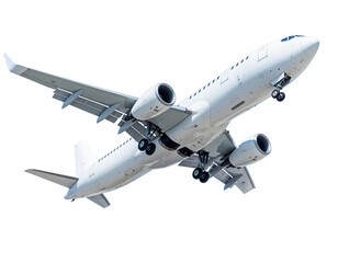 Obraz premium White Passenger Airplane Taking Off Isolated on Black Background Keywords: airplane, aircraft, jet, airliner, passenger plane