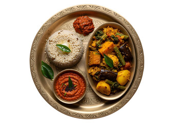  Bengali Bhog food for Indian Hindu Durga Puja or pooja festival. Khichadi, labra, tomato chutney