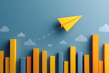 Yellow paper airplane over bar chart against blue backdrop symbolizes innovation and progress