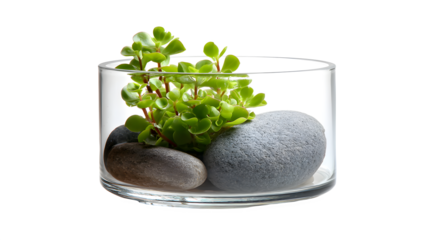 Close up of a small green plant with rocks inside a clear glass bowl on a white and black background