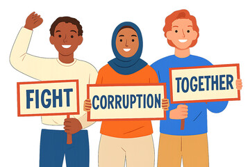 Cartoon people holding hands and a business sign with a funny message