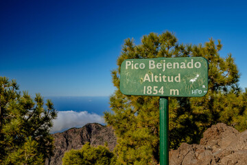 Obraz premium Señal verde en el Pico Bejenado, La Palma, indicando 1854 m de altitud. Se ve la cresta rocosa y un mar de nubes bajo el cielo azul claro.