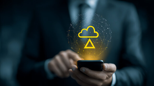 Person using smartphone with cloud technology network graphic dark suit - Powered by Adobe