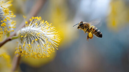 Honeybee pollinates a vibrant yellow flower in spring garden amidst blooming nature Generative AI