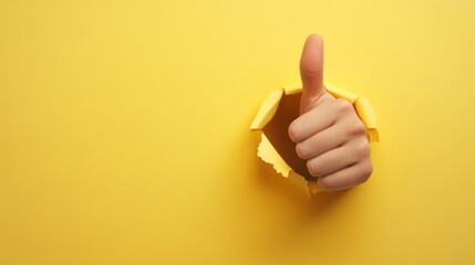 Hand giving a thumbs up through a torn yellow background, expressing positivity and approval in a vibrant setting Generative AI