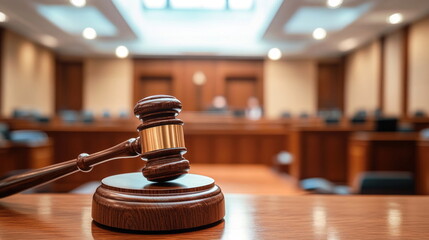 Courtroom scene featuring a gavel on a wooden bench with blurred background of judge and jury in session Generative AI