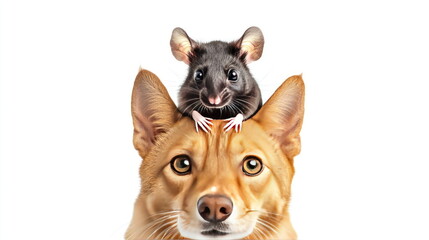 Charming dog and mouse duo sharing a playful moment in a bright, friendly setting Generative AI