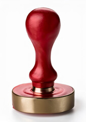 A rubber stamp featuring a glossy red handle with a textured surface, attached to a smooth, golden circular base