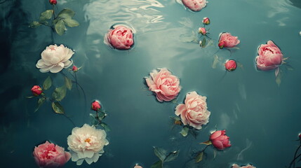 Floating roses create a serene atmosphere in a calm, reflective water setting during a tranquil afternoon Generative AI