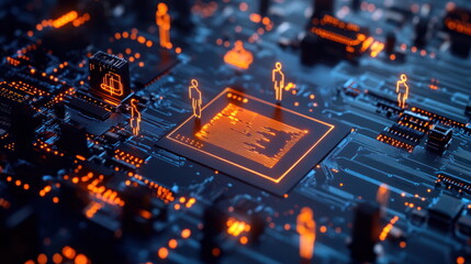 Digital circuit board showing glowing orange figures representing technology and innovation in a futuristic setting Generative AI
