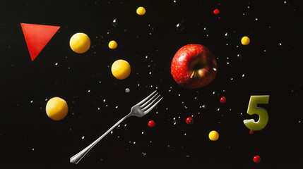 Colorful shapes and fruits arranged on a dark surface with a fork and numbers in a creative layout for abstract art Generative AI