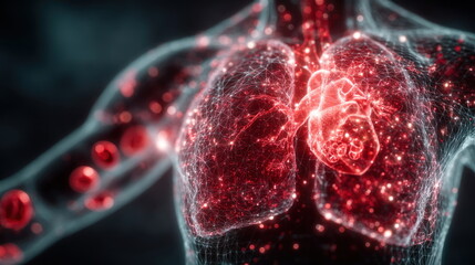 3D model of human cardiovascular system showing heart and lungs with detailed structure and glowing patterns Generative AI