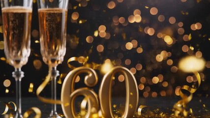 A sparkling 60th celebration scene featuring champagne glasses, golden ribbons, and illuminated bokeh lights creating a festive, elegant atmosphere.