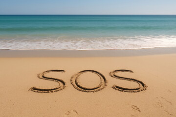 Message written in sand on a beach during daylight to signal for help or attention near the water's edge Generative AI