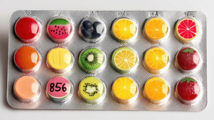 Colorful candy shapes arranged in a grid on a silver packaging with bright fruit designs in various colors seen from above Generative AI